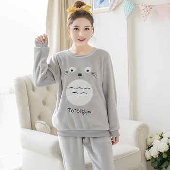 2022 Talv Pikk Varrukas Paks Soe Flanell Pajama Komplekti Naistele korea Cute Cartoon Totoro Coral Velvet Pyjama Homewear Riided