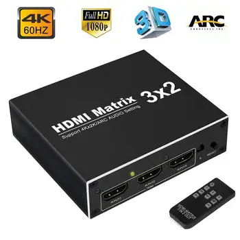 4K HDMI Splitter 60Hz Ultra HD 3X2 Maatriks Vahetaja Lüliti R/L+PMK 3 Sadamate Sisendid 2-Port Väljundid koos IR Remote HDCP1.4