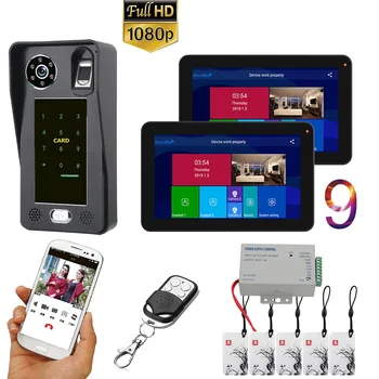 9 tolline 2 Monitorid, Wifi Traadita Sõrmejälje kiipkaardi Video Ukse Telefon Uksekell Intercom Süsteem koos Juhtmega AHD 1080P Ukse Acce