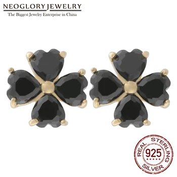 Neoglory Nelja-Leaf Ristik Õnnelik Kõrvarõngad Naistele S925 Sterling Silver Kõrvarõngad Stud Must & Valge Värv Ehted Kingitus GF