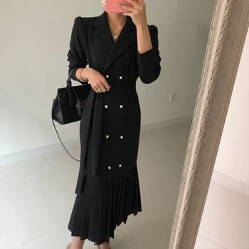 Raja Sügisel Korea Uus Mood Stiilne Office Lady Naiste Pikk Kleit Elegantne Blelted Slim Plisseeritud Merineitsi Kleidid Rüü