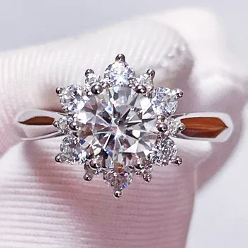 Sun Flower Design D Värv VVS Reaalne Moissanite Ring Suurus 6,5 mm 1CT Ei Resizable Reguleeritav 925 Hõbe Lab Teemandid abielusõrmused