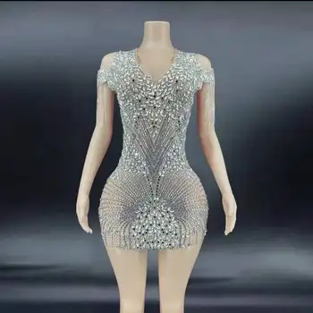 Sädelevat Rhinestone Seksikas Bodycon Mini Kleit Naiste Suur Kristall, Roosa Velvet Seksikas Tähistada Sünnipäeva Kleit Performance Komplekt