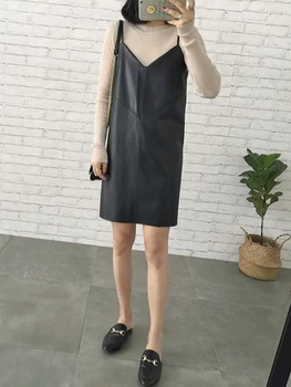 Uued Naiste Nahast Kleit Juhuslik 2022 Uus V-kaeluse PU Nahast Kleidid Must Seksikas Naine Üle Pahkluu lühikesed Püksid Kleit