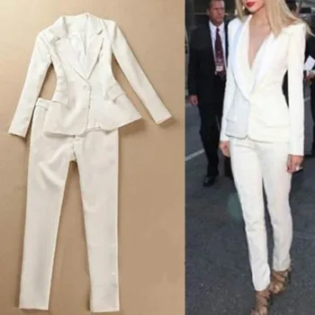 Valge ülikond Sõitmisest Mood Naised 2 Tükki Set Naiste Äri Ülikonnad, Püksid, Ülikond FormalOLBusiness Sobiks Pikk Varrukas Pükste Ülikond